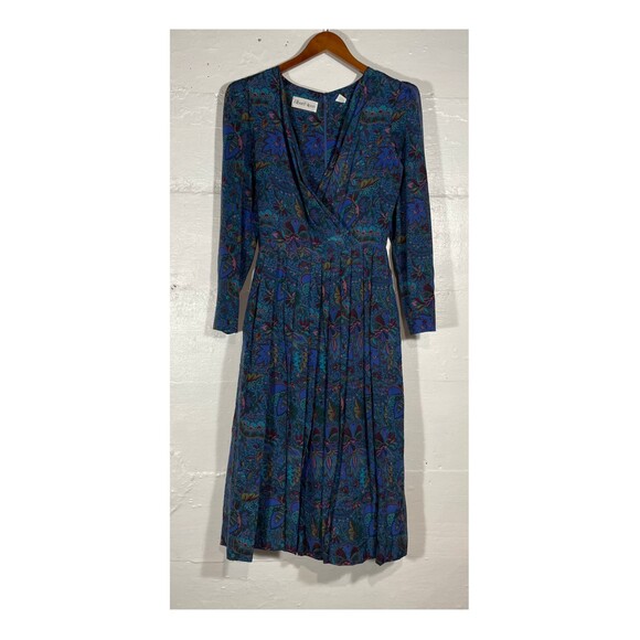 Vintage Albert Nipon Silk Midi Dress Blue Floral Paisley Pleated 90s Size 2 - Picture 2 of 15